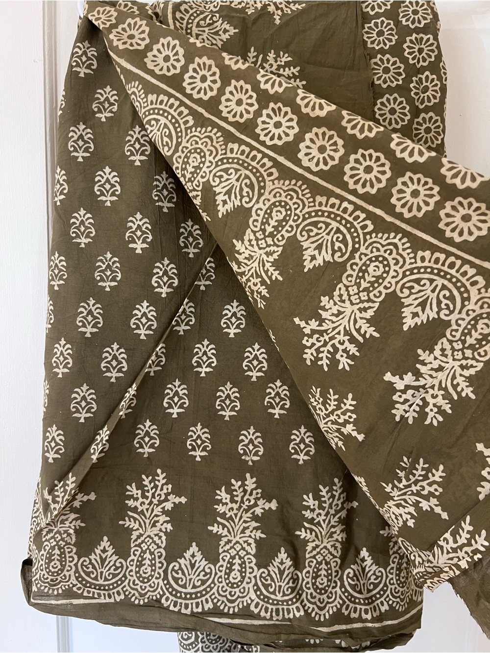 Olive Green Block Print Cotton Saree with Cream Motifs